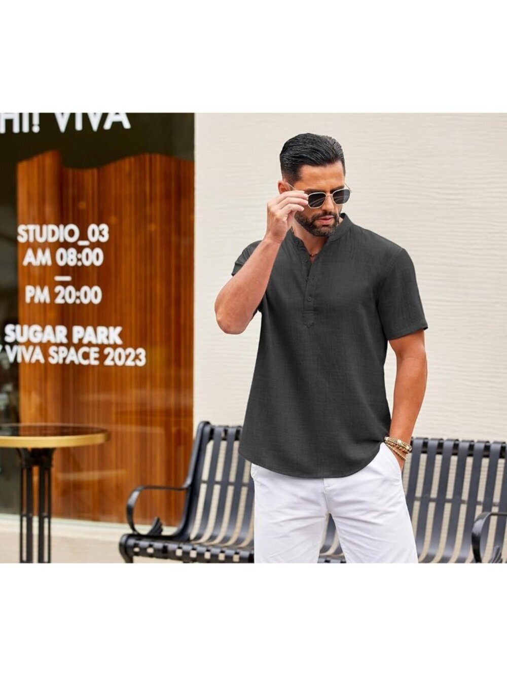 Men's Dark Grey Casual Henley Shirt Short Sleeve Linen Beach Summer Tops - Picture 4 of 6